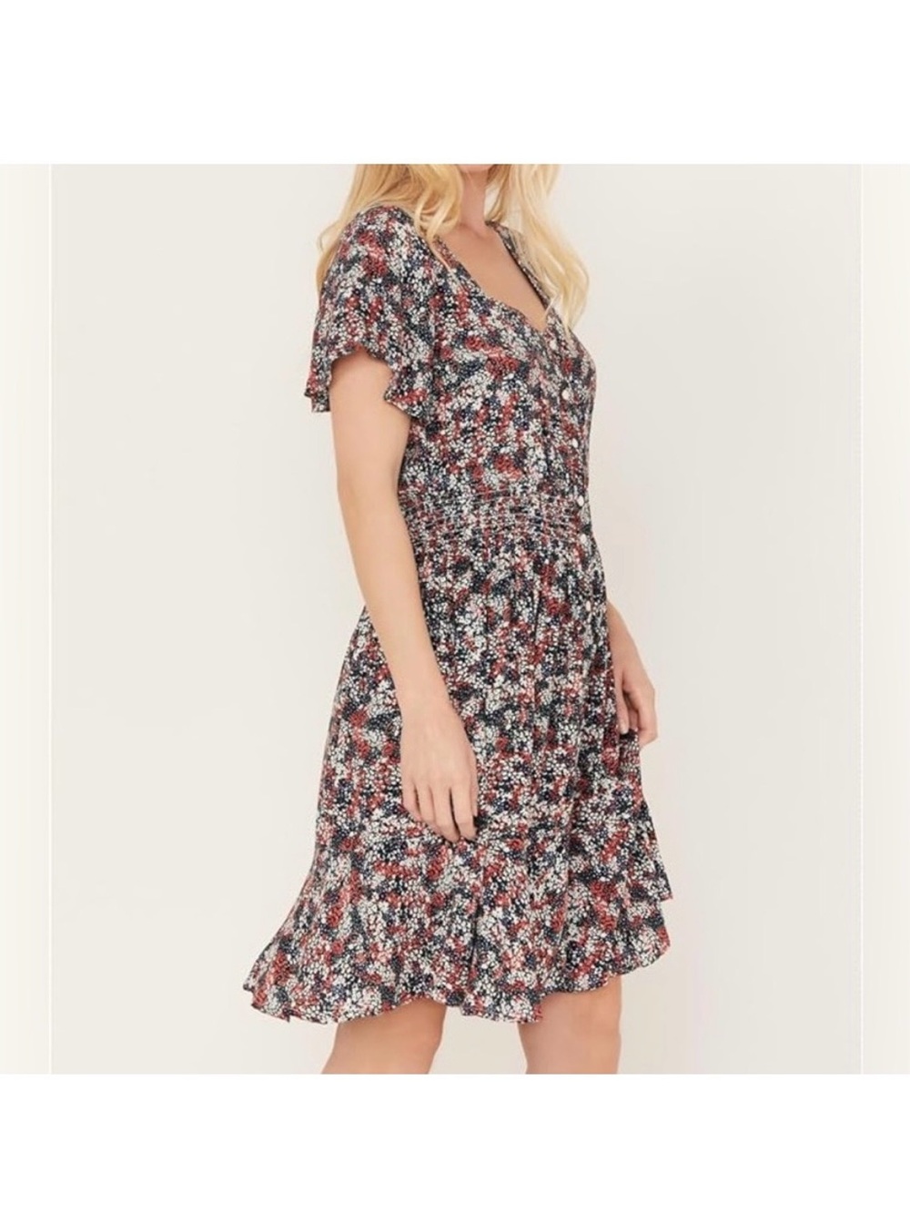 Wrangler Retro Smocked Waist Flutter Sleeve Mini Dress - Red, White, Blue Floral